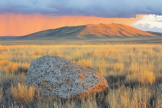 Sunset casts a warm glow over a grassy field, highlighting a lone rock amid gentle hills and dramatic clouds.