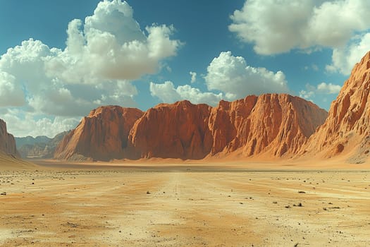 Vast desert terrain with reddish rock formations and scattered vegetation under a vibrant sky filled with clouds.