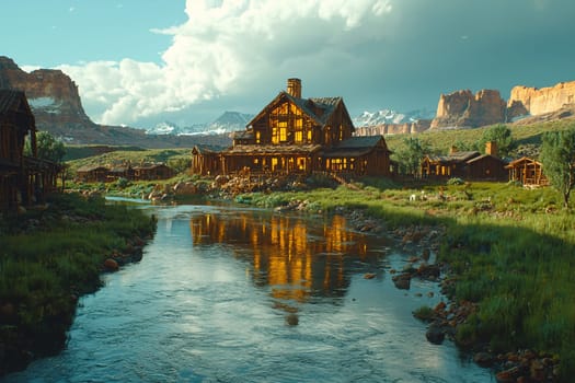 A beautiful lodge sits by a calm river, surrounded by lush greenery and mountains under a clear blue sky with fluffy clouds.