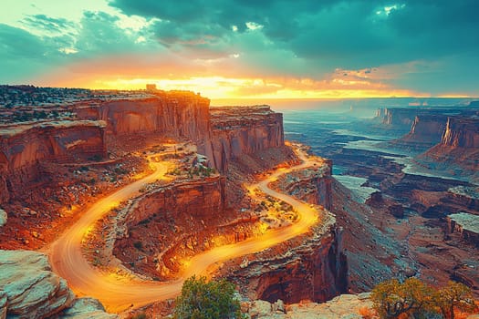 A winding road navigates the rugged cliffs as the sun sets, casting warm hues over the dramatic canyon scenery.