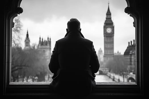 A man sits quietly, staring at Big Ben in London with dark clouds overhead, creating a contemplative atmosphere.
