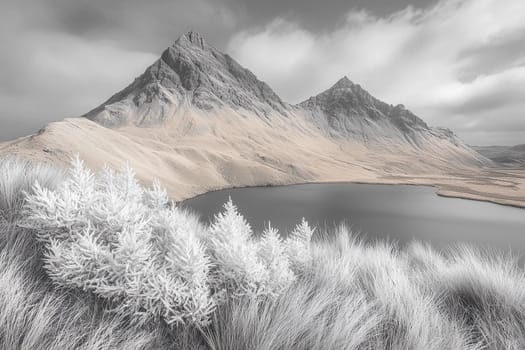 Frosty plants frame a serene lake surrounded by dramatic mountain peaks under a cloudy sky.