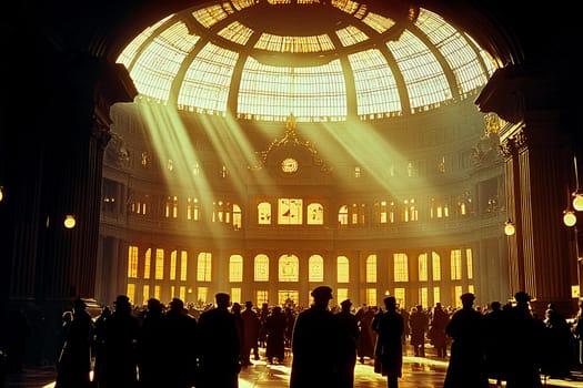 Crowds fill a grand hall as sunlight pours through a massive dome, creating an atmospheric and warm ambiance.