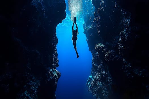 A diver gracefully swims through a narrow underwater canyon surrounded by vibrant marine life and clear blue water.