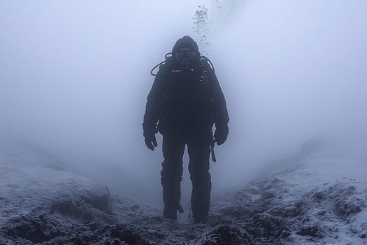 A diver navigates through a deep underwater trench shrouded in mist while surrounded by dark waters and icy sediments.