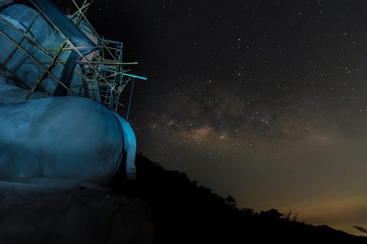 Milky way galaxy on sky and star with Thai buddha statue on hill  13 Mar 2016, Timelapse