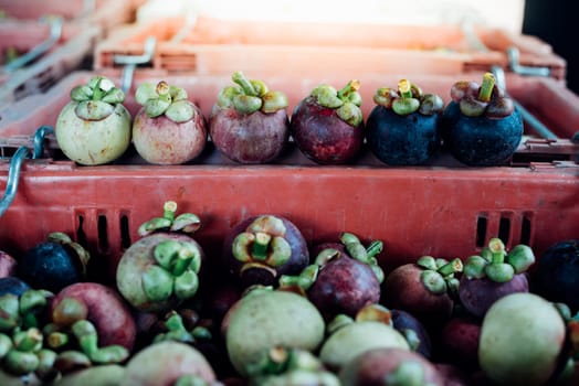 Mangosteen on a wood table is a queen of fruit in Thailand and asia fruit have a sweet can buy at Thai street food and fruit market