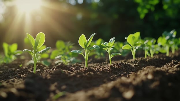 Close up fresh green plant seedlings plantation, gardening, agriculture background, sunny summer day