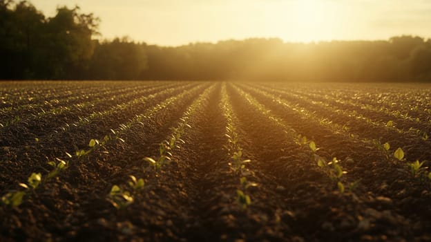 Agriculture background, rows of young plants growing in a cultivated field. Fertile land, green seedlings plantation. Sunset or sunrise, sunny summer day