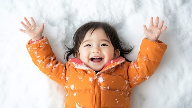 Happy laughing Asian child girl playing in winter lying on white snow, raising his hands up, top view