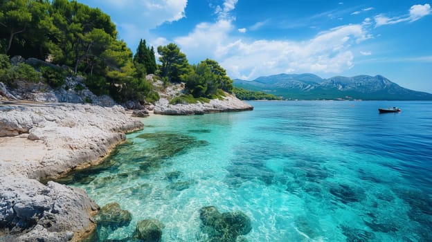 Tranquil coast sea with crystal-clear turquoise water and boat, overlooked by a majestic mountains. Summer landscape background