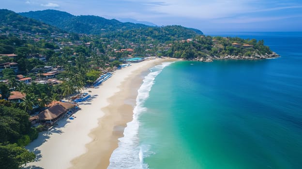 Aerial view, summer vacation, travel, tropical beach with clear turquoise water, golden sand and lush greenery. Tourism landscape background