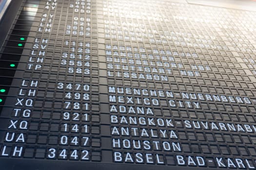 Analog departure scoreboard at the airport. Mid shot