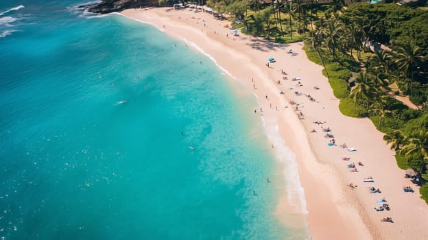 Aerial view, summer vacation, travel, tropical beach with clear turquoise water, golden sand and lush greenery. Tourism landscape background