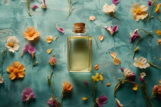 Wellness, aromatherapy beauty session, spa, glass bottle, aroma essential oil, flower petals. Spring fresh smell.