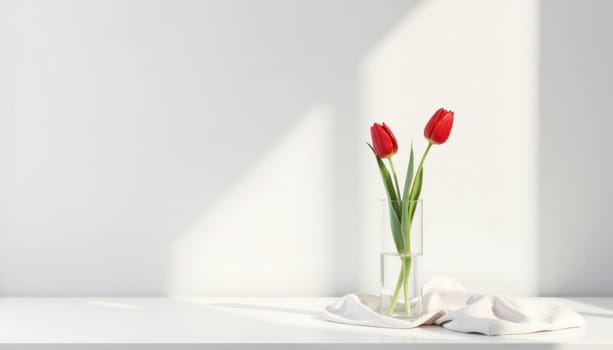 Two red tulips in a clear vase on a white table. The vase is placed on a white cloth