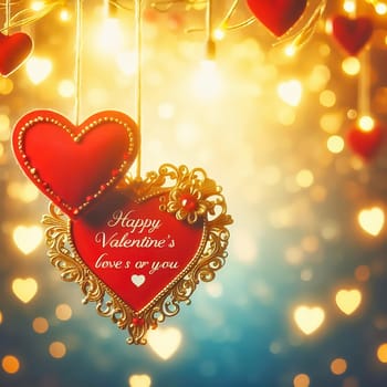 Romantic Valentine's Day card with two hearts, golden embellishments and twinkling lights. Perfect for love, weddings, anniversaries or special occasions.