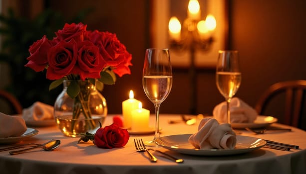 A table with a candle and two wine glasses, and a sign that says Valentine's Day. Scene is romantic and intimate