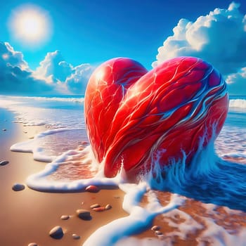 Shining red heart on the beach, lapped by gentle ocean waves in the sunshine. Romantic, dreamlike backdrop full of love and longing.