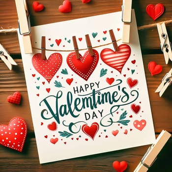 Romantic Valentine's Day card with hearts and text. Card hangs on a string with wooden clips. Decorative elements on a red background. Perfect for love messages and celebratory occasions.