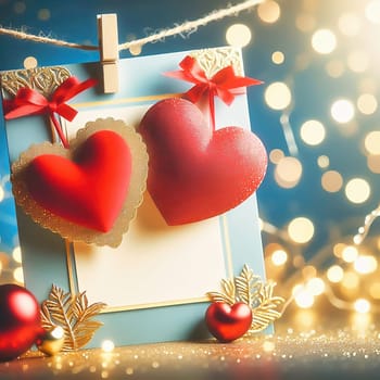 Romantic Valentine's Day card with two hearts, golden embellishments and twinkling lights. Perfect for love, weddings, anniversaries or special occasions.