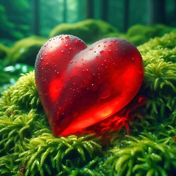 Bright red heart on lush moss in a mystical forest landscape. A symbol of love, closeness to nature and romance in a magical atmosphere.