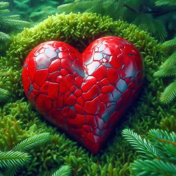 Bright red heart on lush moss in a mystical forest landscape. A symbol of love, closeness to nature and romance in a magical atmosphere.