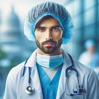 Young doctor with beard and stethoscope in modern clinic. Professional doctor in white coat, concentrated look, medical environment, health.