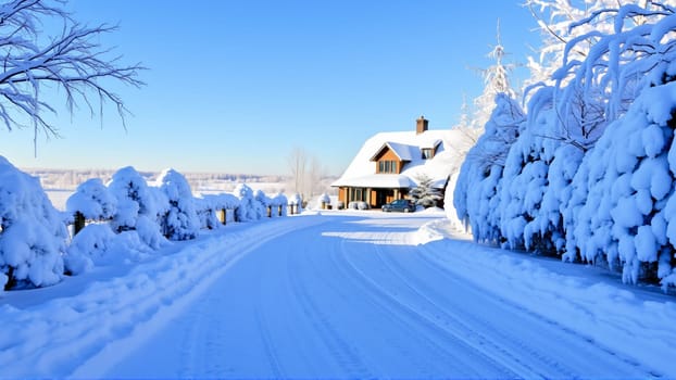 Village house, countryside covered with snow. High quality photo