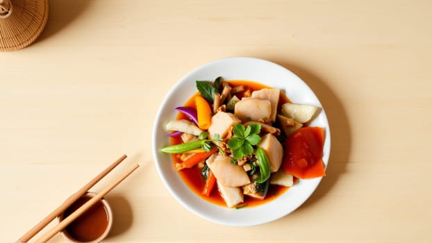 Pan-Asian food plate, top view. High quality photo