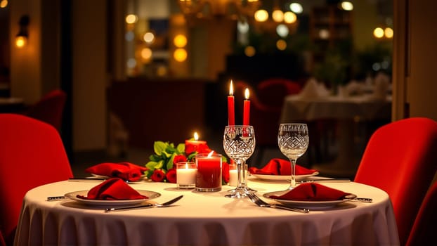 A table in the restaurant is served for the holiday. Candles are burning on the table. High quality photo