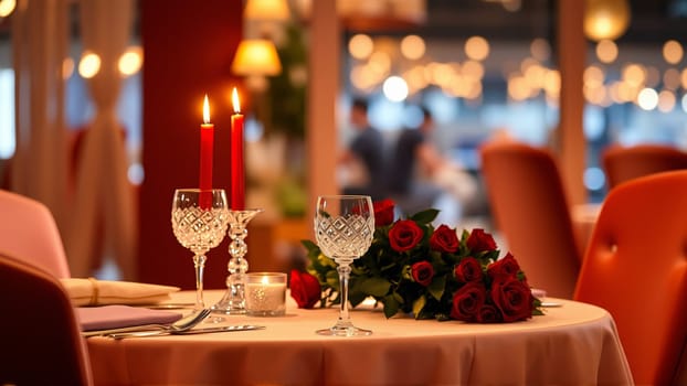 A table in the restaurant is served for the holiday. Candles are burning on the table. High quality photo
