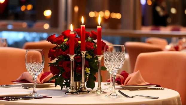 A table in the restaurant is served for the holiday. Candles are burning on the table. High quality photo