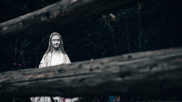 Tucked away in the dense greenery, the statue of the Virgin Mary seems to watch over the forest. The dark woods and somber skies give the scene a mystical quality.