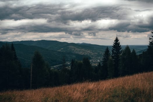 A panoramic view of layered mountain ridges stretches into the distance, with a dark, cloudy sky overhead. The dense forest creates a dramatic contrast against the fading horizon.