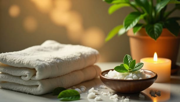 A bowl of salt and a bunch of mint leaves on a table with two white towels. The towels are folded and placed on a table