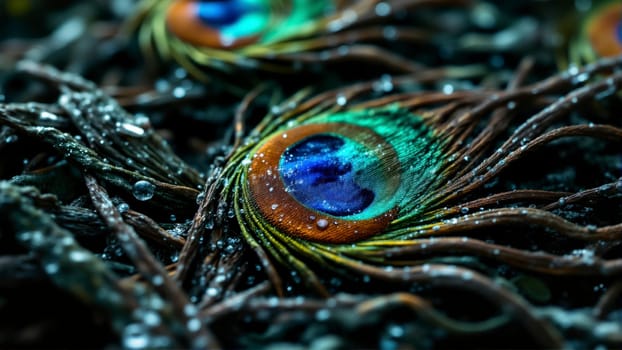 A close up of a peacock's eye, with its iris shining brightly in the light. The iris is surrounded by a beautiful blue and green feather, which adds to the overall sense of elegance and grace