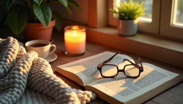 A book and a pair of glasses are on a table next to a candle. The scene is cozy and inviting, suggesting a relaxing atmosphere