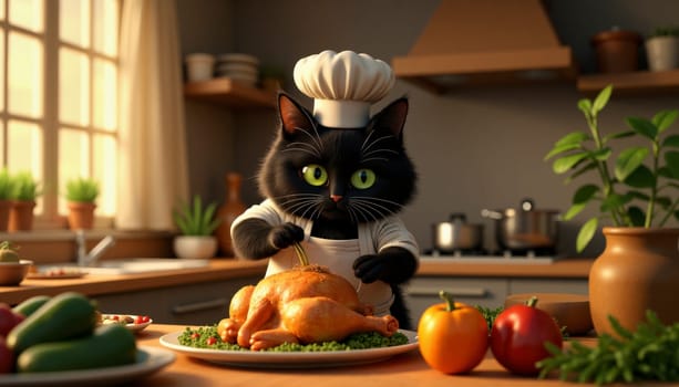 A black cat is wearing an apron and standing in front of a table with a plate of turkey