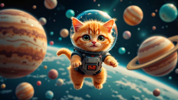 A cat in a space suit is floating in front of a backdrop of planets. The cat is wearing sunglasses and he is enjoying the view