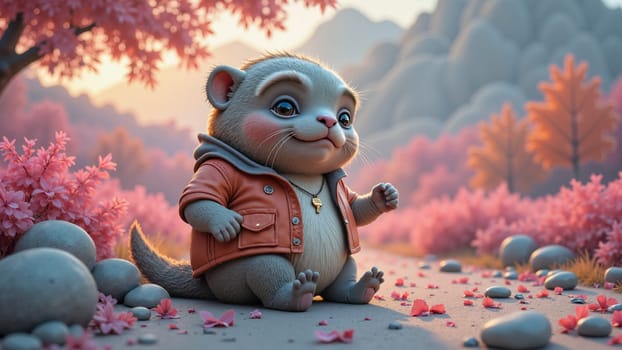 A cartoon character is sitting on a path with pink flowers. The character is wearing a red jacket and he is smiling