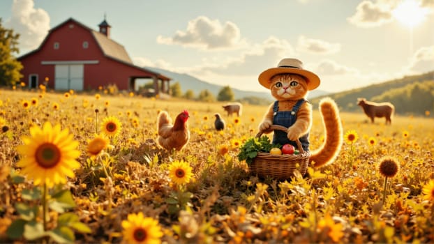 A cat wearing a straw hat is holding a basket of vegetables in a field. The scene is peaceful and serene, with the cat surrounded by various animals such as chickens and cows
