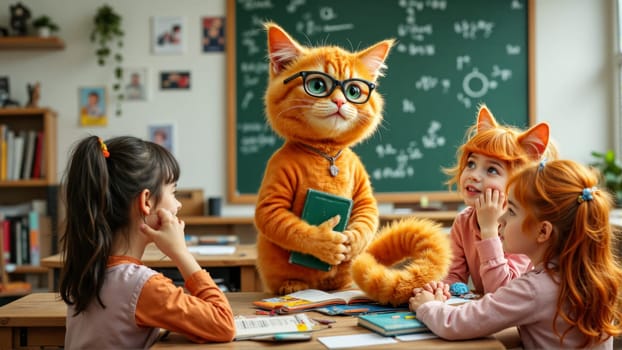 A cat in a classroom with a book in its mouth. The cat is wearing glasses and is standing in front of a chalkboard. There are three children in the room, one of whom is sitting at a desk with a book