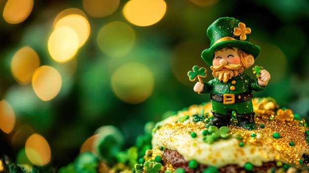 A beautifully vibrant cake for St. Patricks Day showcasing a cheerful leprechaun with sparkling decorations