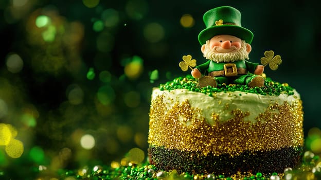 A beautifully vibrant cake for St. Patricks Day showcasing a cheerful leprechaun with sparkling decorations