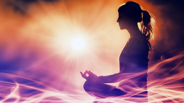 In a peaceful environment, a woman sits cross-legged in meditation, radiating calm and focus as colorful light swirls around her during sunset - Generative AI