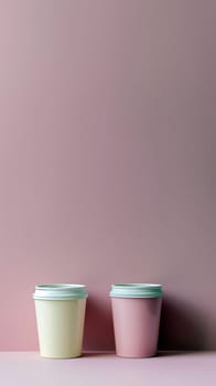 Two disposable coffee cups sit next to each other, one yellow and one pink, showcasing a minimal design against a soft pink background - Generative AI
