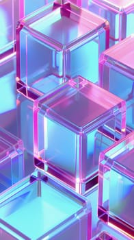 Translucent geometric cubes in vibrant shades of blue and pink arranged closely together, reflecting light and creating a visually striking pattern that emphasizes the modern design - Generative AI