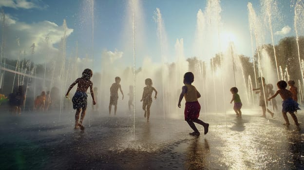 Kids are running through a fountain, splashing water everywhere under the warm sunlight, creating a fun and playful atmosphere in a park - Generative AI