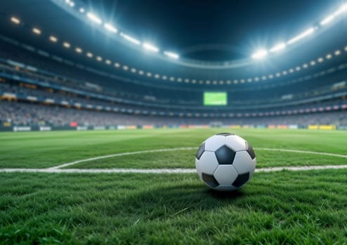 Close-up of a classic black and white soccer ball on the grass near field markings in a large illuminated stadium. Spectators fill the arena, creating an exciting match atmosphere